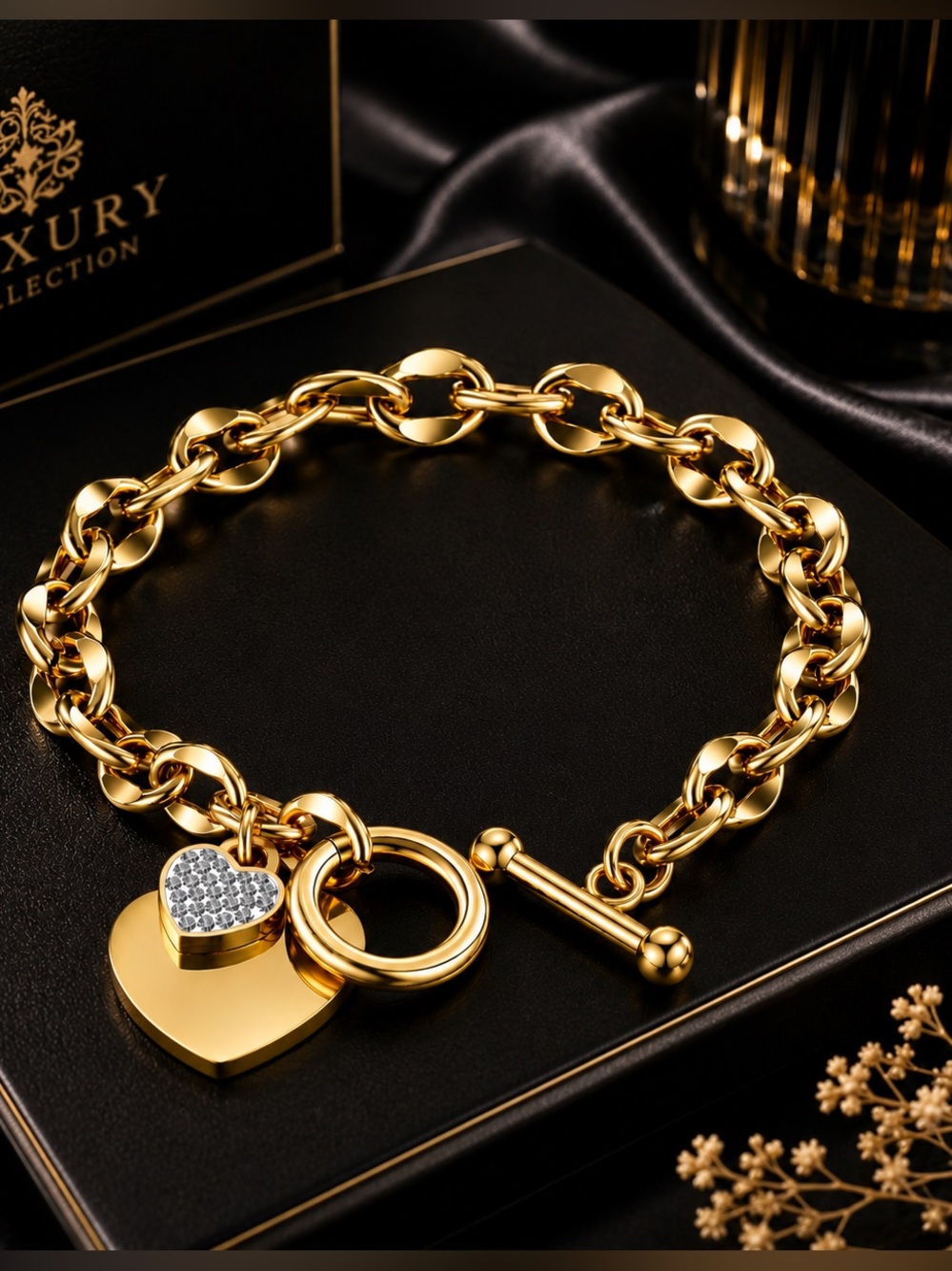 Brand New Gold Heart Charm Toggle Bracelet Waterproof Hypoallergenic
